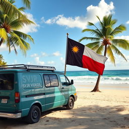 A realistic scene depicting a van parked on a coconut beach, prominently featuring the name "SVJR VIDEOS" on its side