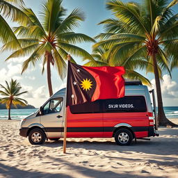 A realistic scene depicting a van parked on a coconut beach, prominently featuring the name "SVJR VIDEOS" on its side