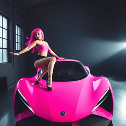 Two women with vibrant pink hair sitting on the hood of a bright pink futuristic car with a sleek modern design