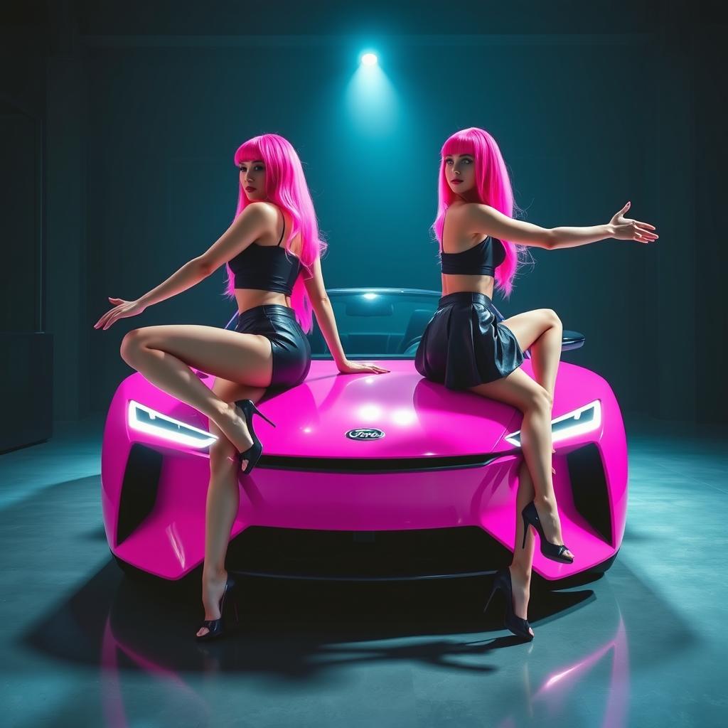 Two women with vibrant pink hair sitting on the hood of a bright pink futuristic car with a sleek modern design