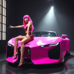 Two women with vibrant pink hair sitting on the hood of a bright pink futuristic car with a sleek modern design