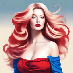 A digital art image of a blonde woman with a curvaceous figure, wearing a stylish red top