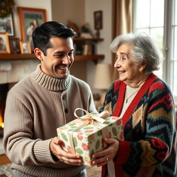 A warm and joyful scene of a man giving a beautifully wrapped gift to his grandmother