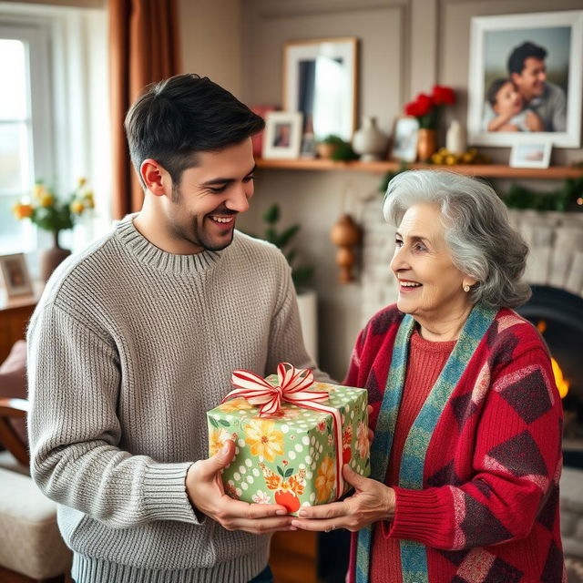 A warm and joyful scene of a man giving a beautifully wrapped gift to his grandmother