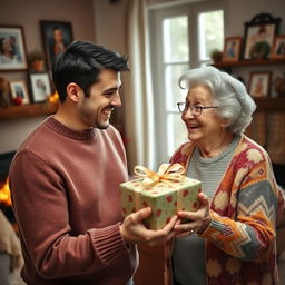 A warm and joyful scene of a man giving a beautifully wrapped gift to his grandmother