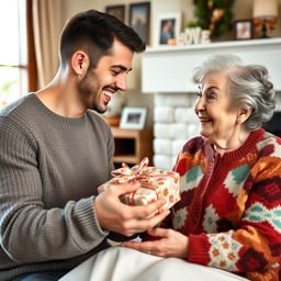 A warm and joyful scene of a man giving a beautifully wrapped gift to his grandmother