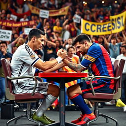 Cristiano Ronaldo and Lionel Messi, two legendary football stars, locked in a dramatic arm wrestling contest while sitting in sturdy chairs