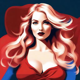 A digital art image of a blonde woman with a curvaceous figure, wearing a stylish red top