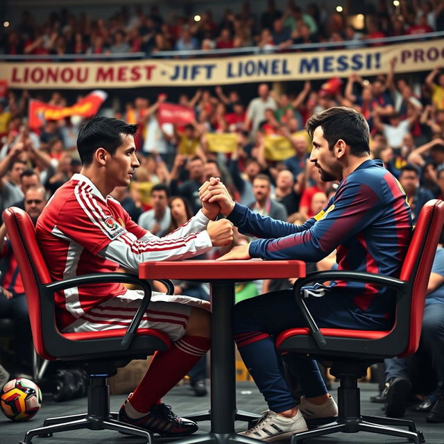 Cristiano Ronaldo and Lionel Messi, two legendary football stars, locked in a dramatic arm wrestling contest while sitting in sturdy chairs