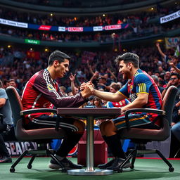 Cristiano Ronaldo and Lionel Messi, two legendary football stars, locked in a dramatic arm wrestling contest while sitting in sturdy chairs