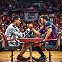 Cristiano Ronaldo and Lionel Messi, two legendary football stars, locked in a dramatic arm wrestling contest while sitting in sturdy chairs