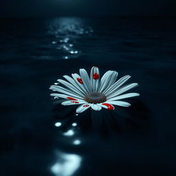 A white daisy flower with vivid red drops of blood on its petals, floating gently on the surface of a dark ocean at night
