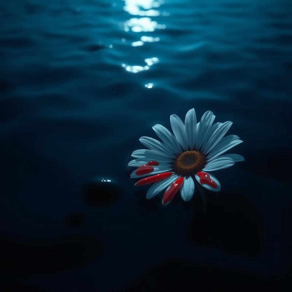 A white daisy flower with vivid red drops of blood on its petals, floating gently on the surface of a dark ocean at night