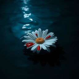 A white daisy flower with vivid red drops of blood on its petals, floating gently on the surface of a dark ocean at night