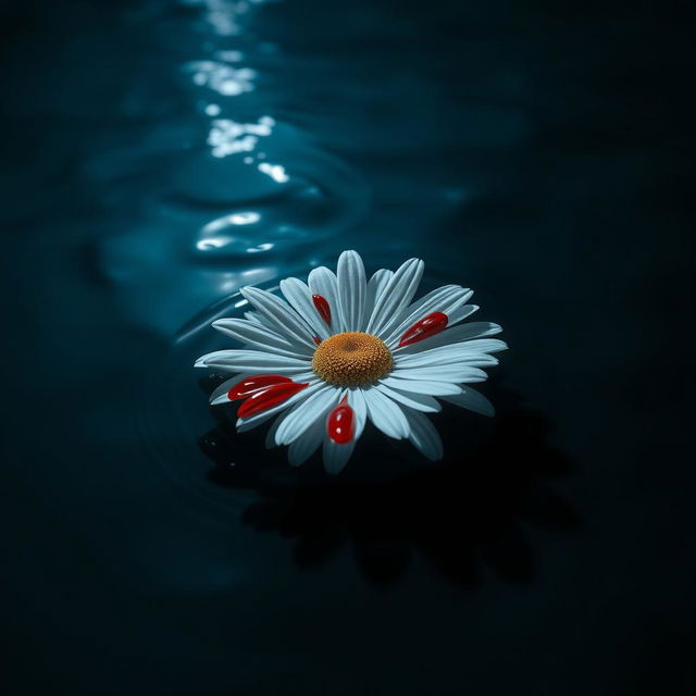 A white daisy flower with vivid red drops of blood on its petals, floating gently on the surface of a dark ocean at night