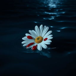 A white daisy flower with vivid red drops of blood on its petals, floating gently on the surface of a dark ocean at night