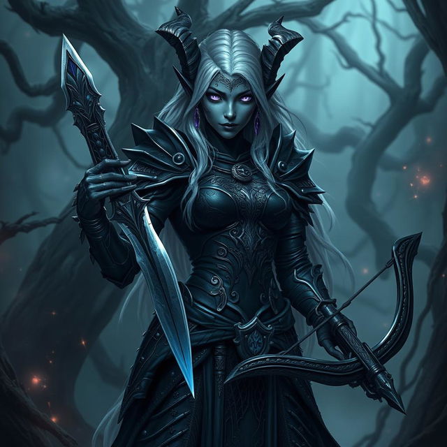 A fierce drow warrior standing strong in a dark mystical forest