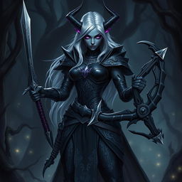 A fierce drow warrior standing strong in a dark mystical forest