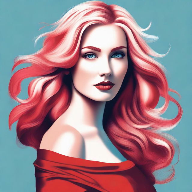 A digital art image of a blonde woman with a curvaceous figure, wearing a stylish red top