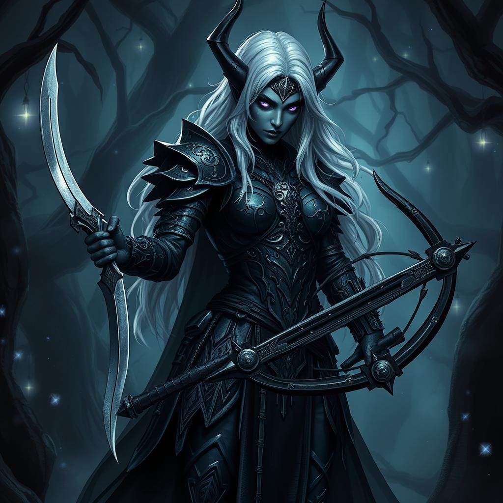 A fierce drow warrior standing strong in a dark mystical forest