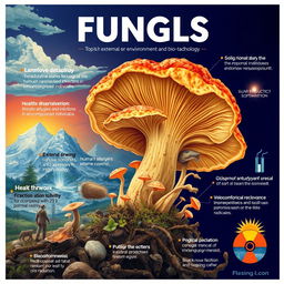 A detailed and captivating graphic representation of a fungal organism illustrating its various impacts in health, environment, and biotechnology