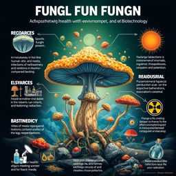 A detailed and captivating graphic representation of a fungal organism illustrating its various impacts in health, environment, and biotechnology