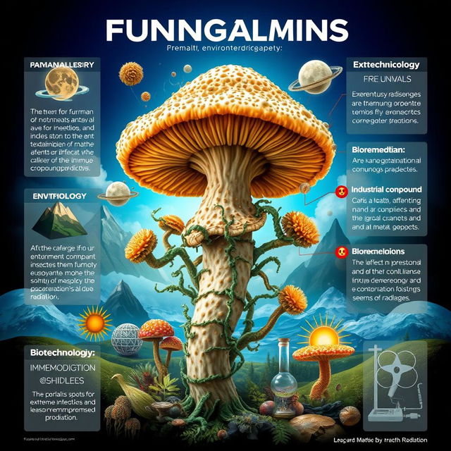 A detailed and captivating graphic representation of a fungal organism illustrating its various impacts in health, environment, and biotechnology