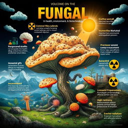 A detailed and captivating graphic representation of a fungal organism illustrating its various impacts in health, environment, and biotechnology