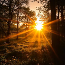 A serene landscape captured during golden hour, featuring vibrant sunlight streaming through the trees and illuminating the forest floor