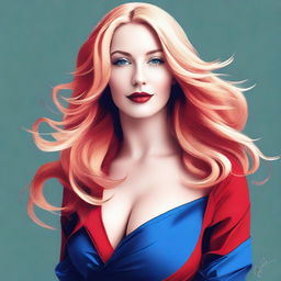 A digital art image of a blonde woman with a curvaceous figure, wearing a stylish red top