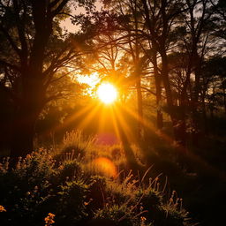 A serene landscape captured during golden hour, featuring vibrant sunlight streaming through the trees and illuminating the forest floor