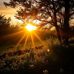 A serene landscape captured during golden hour, featuring vibrant sunlight streaming through the trees and illuminating the forest floor