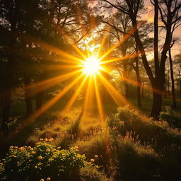 A serene landscape captured during golden hour, featuring vibrant sunlight streaming through the trees and illuminating the forest floor