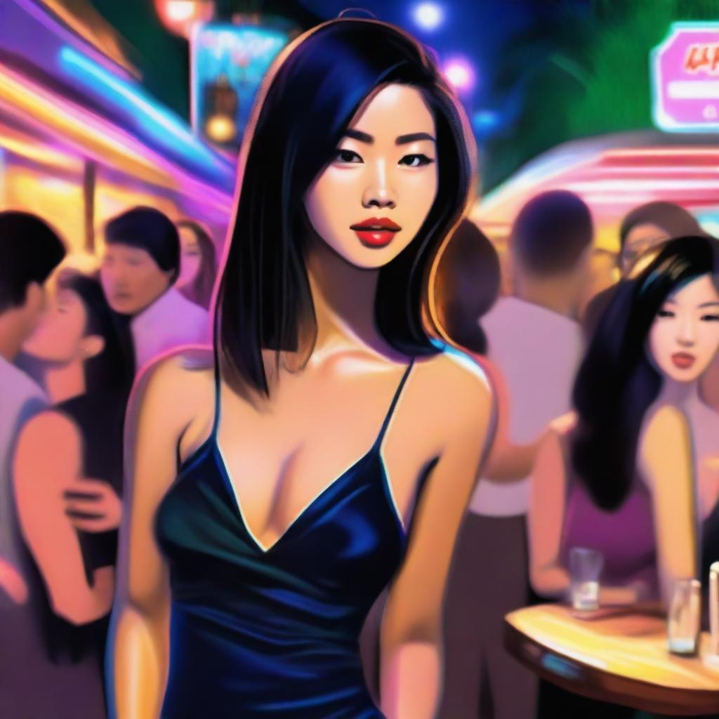 A digital artwork captures a 24-year-old Asian female with brunette hair, dressed in a tight, dark dress