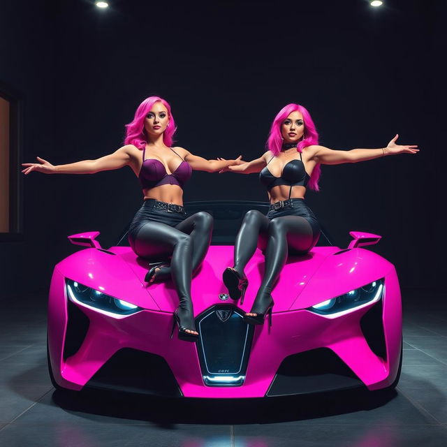 Two very busty women with vibrant pink hair sitting on the hood of a bright pink futuristic car with a sleek and modern design