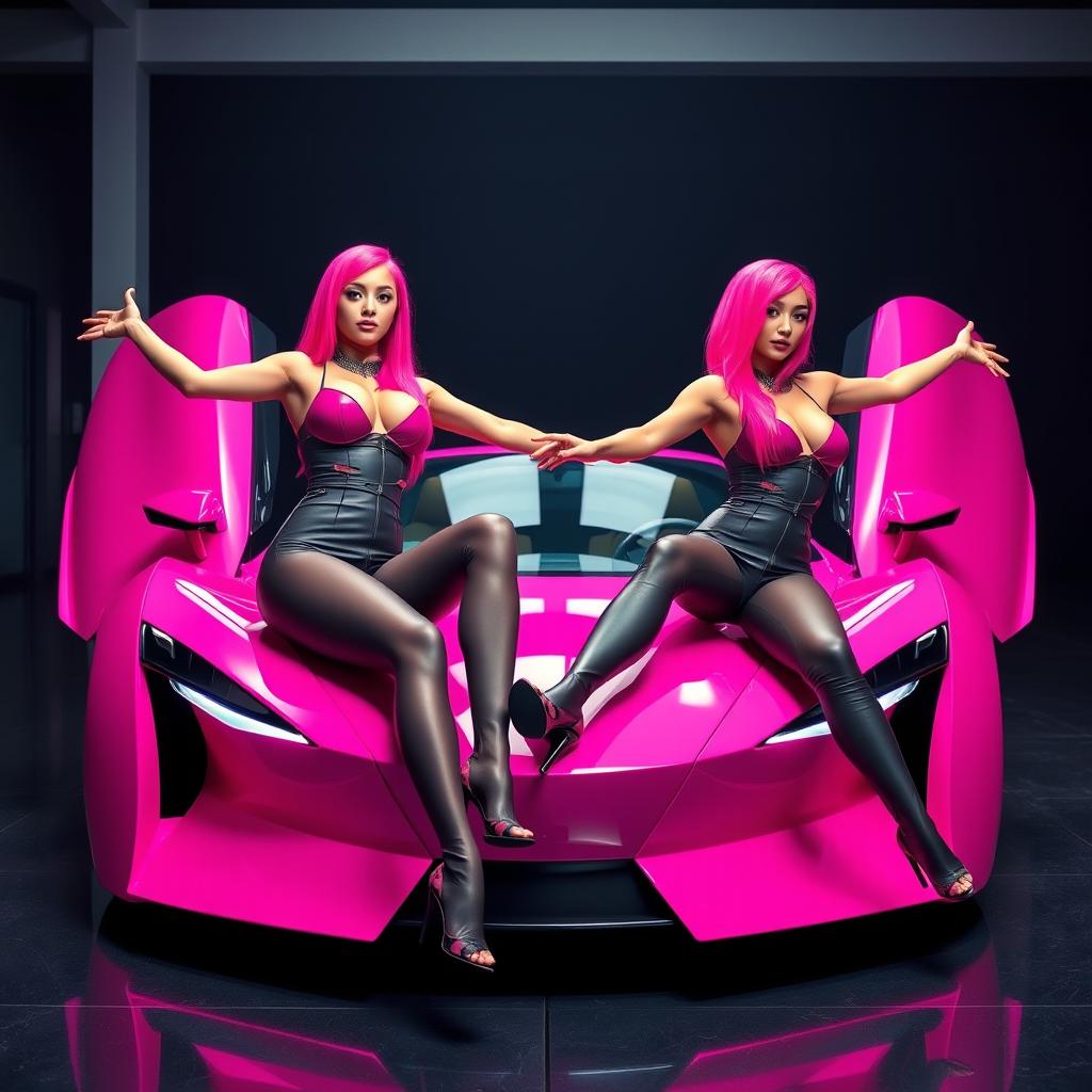 Two very busty women with vibrant pink hair sitting on the hood of a bright pink futuristic car with a sleek and modern design