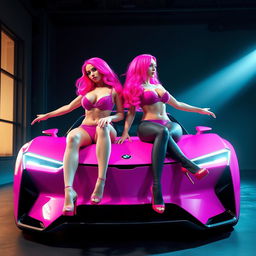 Two very busty women with vibrant pink hair sitting on the hood of a bright pink futuristic car with a sleek and modern design
