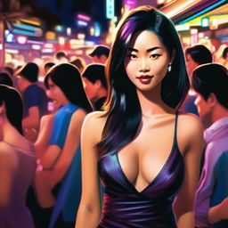 A digital artwork captures a 24-year-old Asian female with brunette hair, dressed in a tight, dark dress