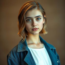 A portrait of an 18-year-old Iranian girl named Hasna, featuring her with bare brown hair styled in short shoulder-length waves and expressive brown eyes