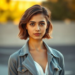 A portrait of an 18-year-old Iranian girl named Hasna, featuring her with bare brown hair styled in short shoulder-length waves and expressive brown eyes