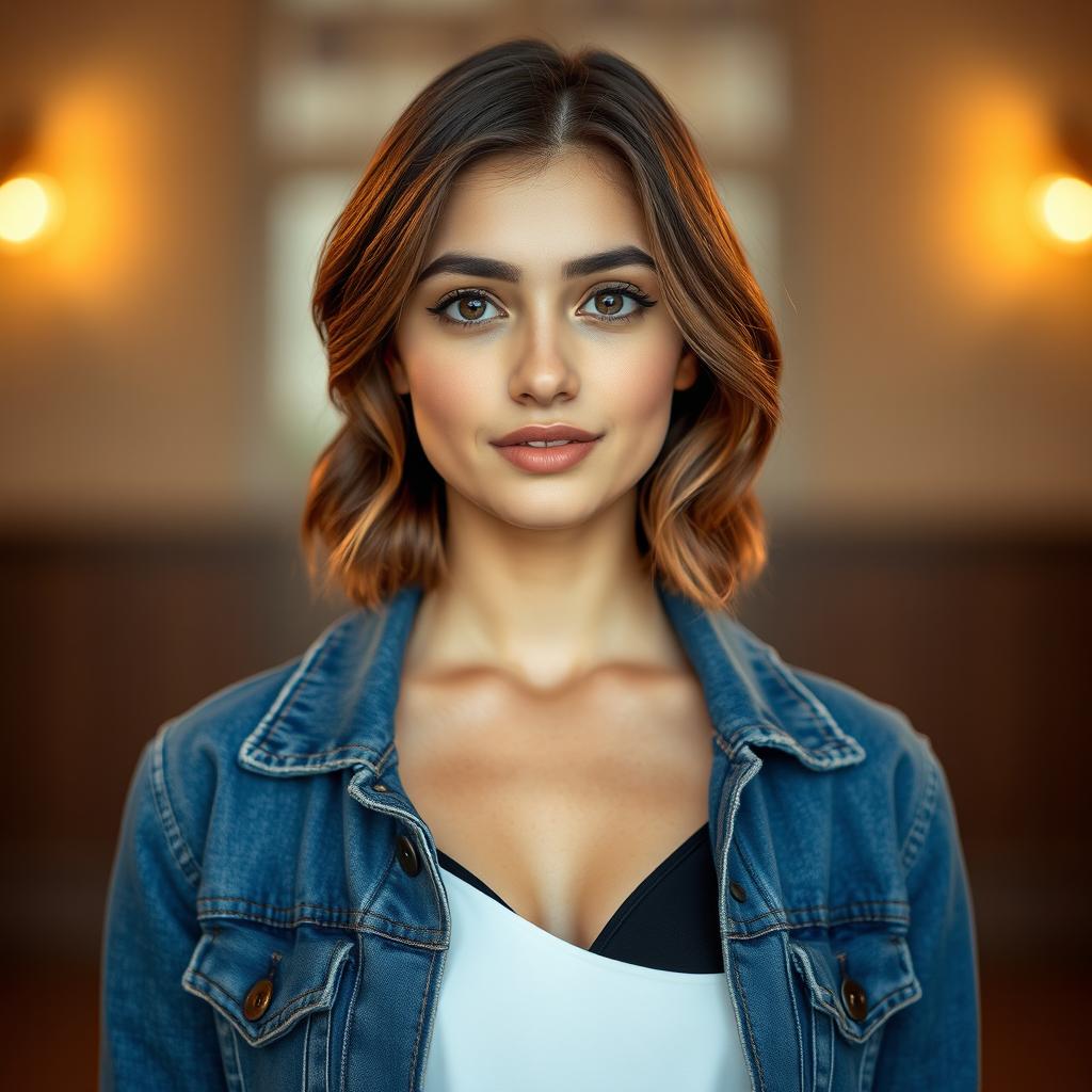 A portrait of an 18-year-old Iranian girl named Hasna, featuring her with bare brown hair styled in short shoulder-length waves and expressive brown eyes