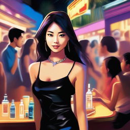 A digital artwork captures a 24-year-old Asian female with brunette hair, dressed in a tight, dark dress