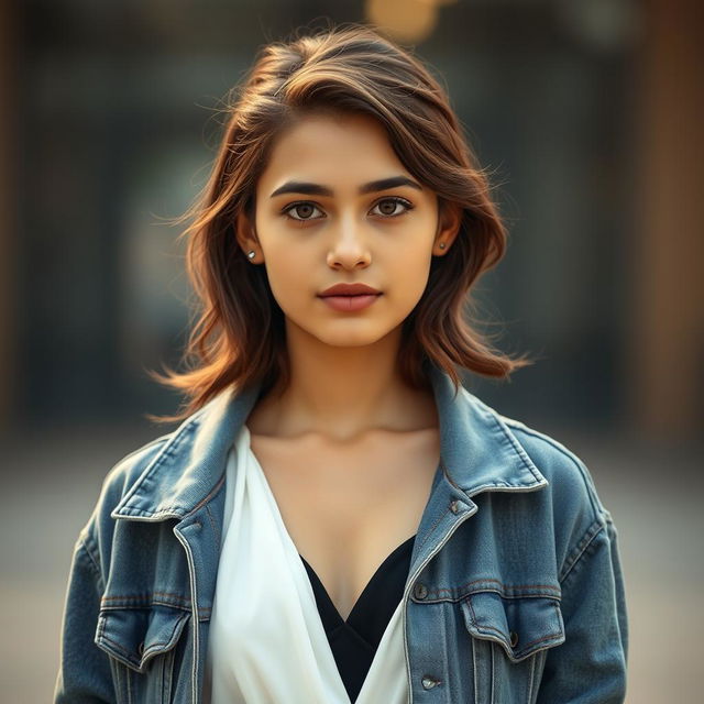 A portrait of an 18-year-old Iranian girl named Hasna, featuring her with bare brown hair styled in short shoulder-length waves and expressive brown eyes