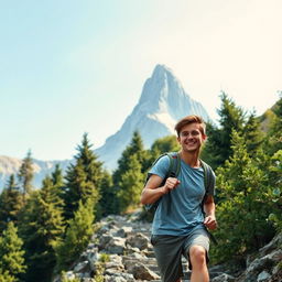 A student climbing a steep path towards a tall mountain peak, wearing a backpack and casual hiking clothes