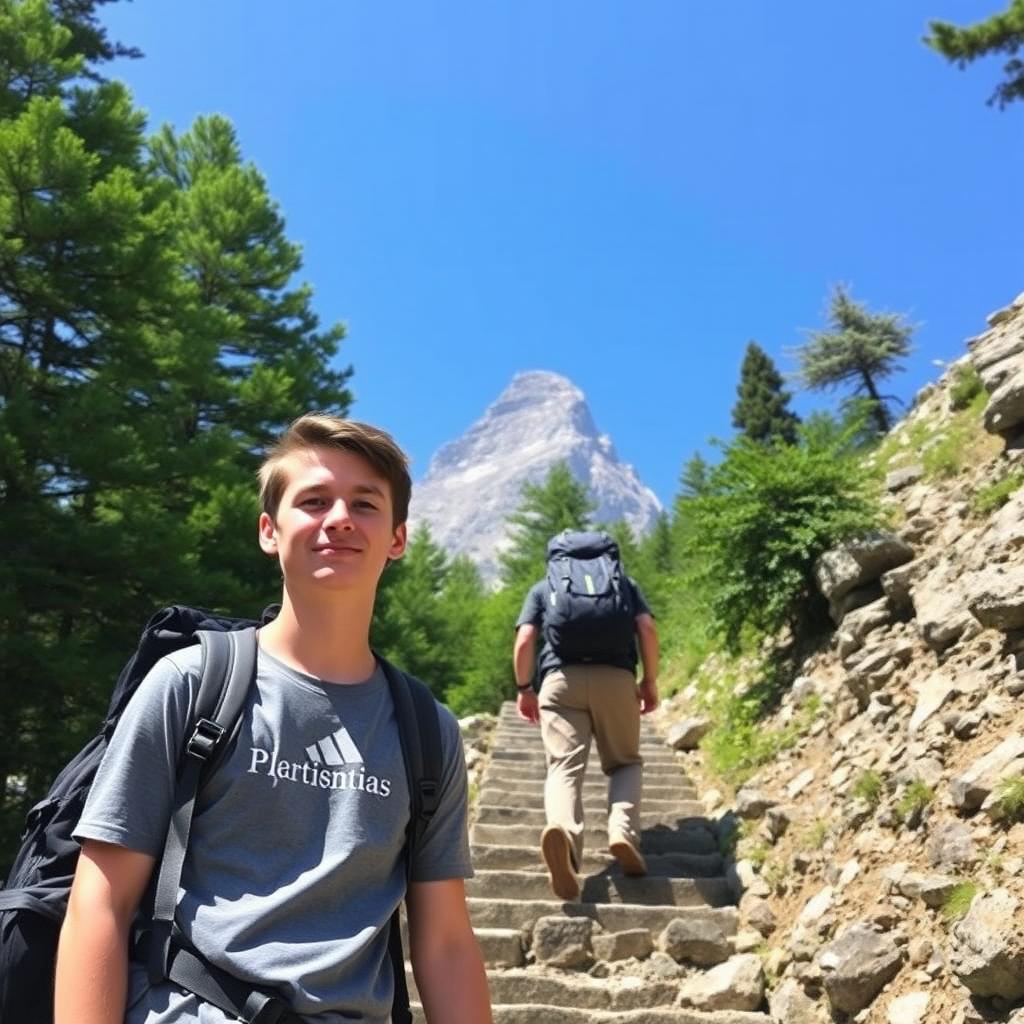 A student climbing a steep path towards a tall mountain peak, wearing a backpack and casual hiking clothes