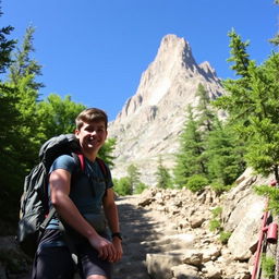 A student climbing a steep path towards a tall mountain peak, wearing a backpack and casual hiking clothes
