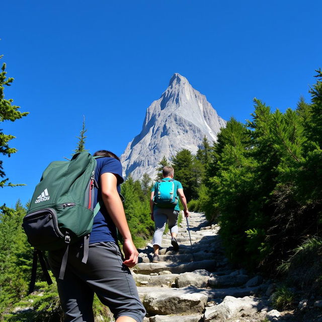 A student climbing a steep path towards a tall mountain peak, wearing a backpack and casual hiking clothes