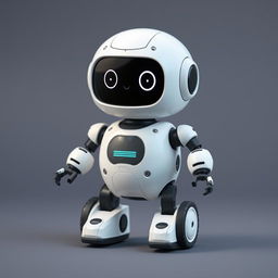 A cute robotic character with a friendly design, featuring two arms and two wheels, standing at 1 meter tall