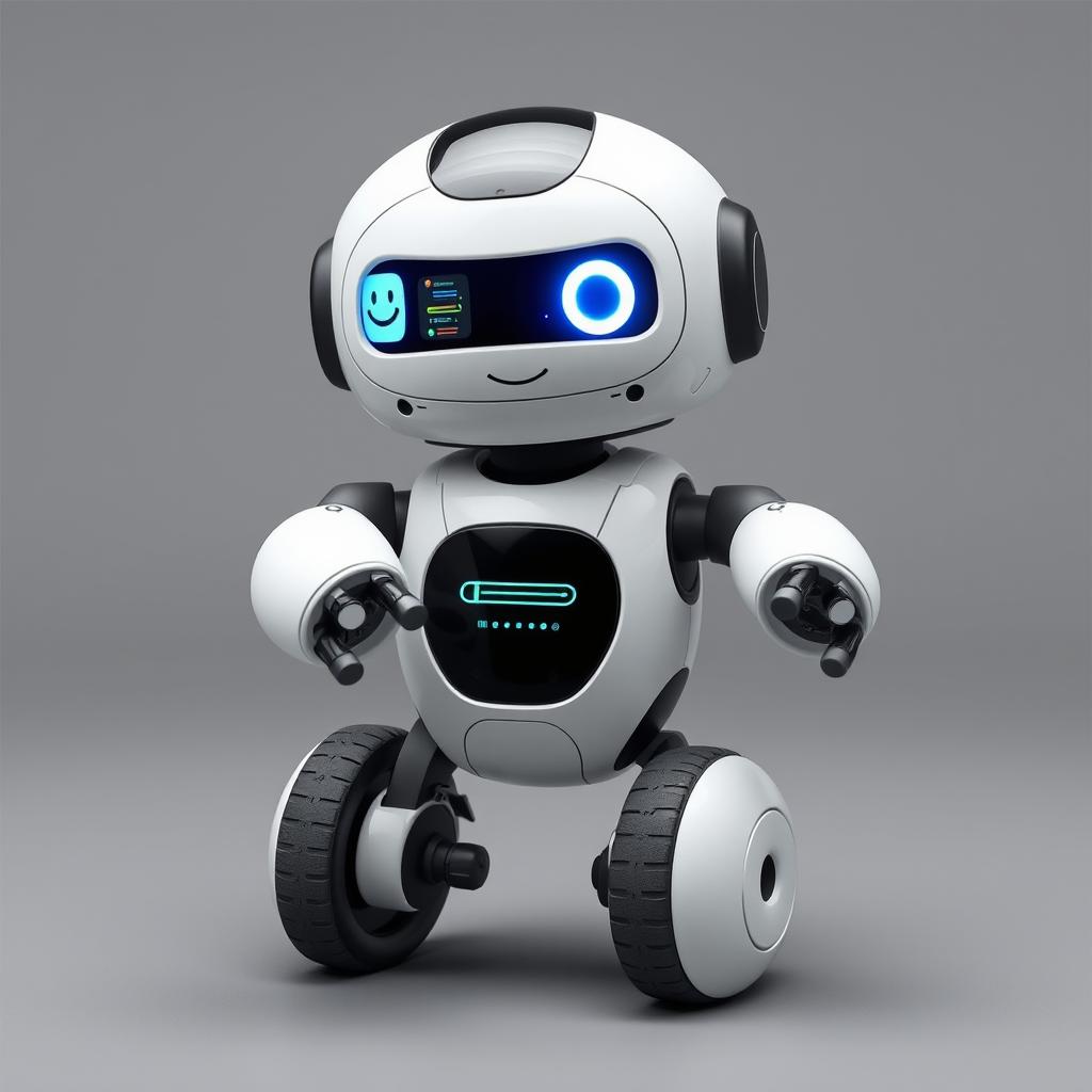 A cute robotic character with a friendly design, featuring two arms and two wheels, standing at 1 meter tall