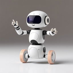 A cute robotic character with a friendly design, featuring two arms and two wheels, standing at 1 meter tall